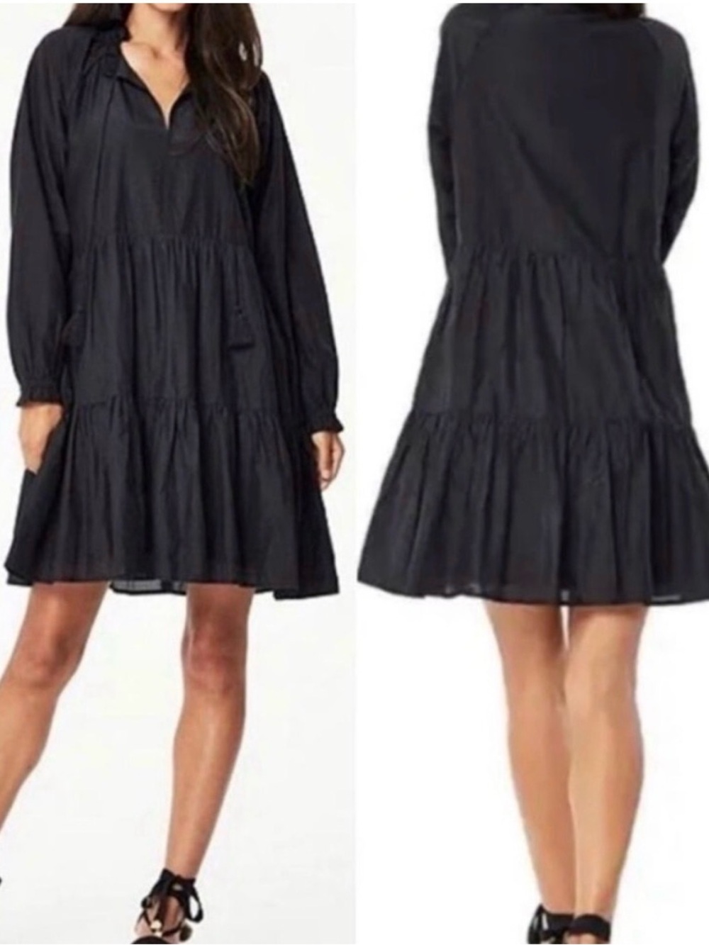 Roller Rabbit Janni Long Sleeve Tiered Dress Black Cotton Mini | Size M
